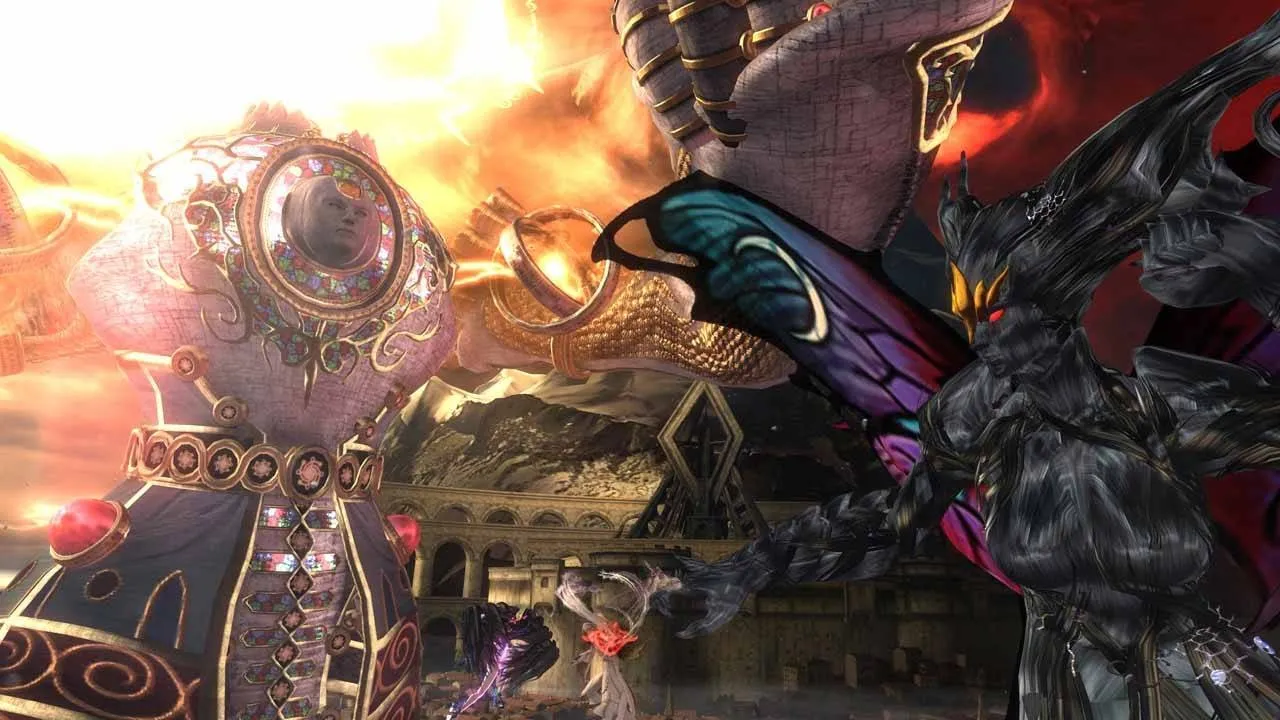 alt text displaying a scene from Bayonetta 2's Tag Climax mode, showing two players cooperating in combat