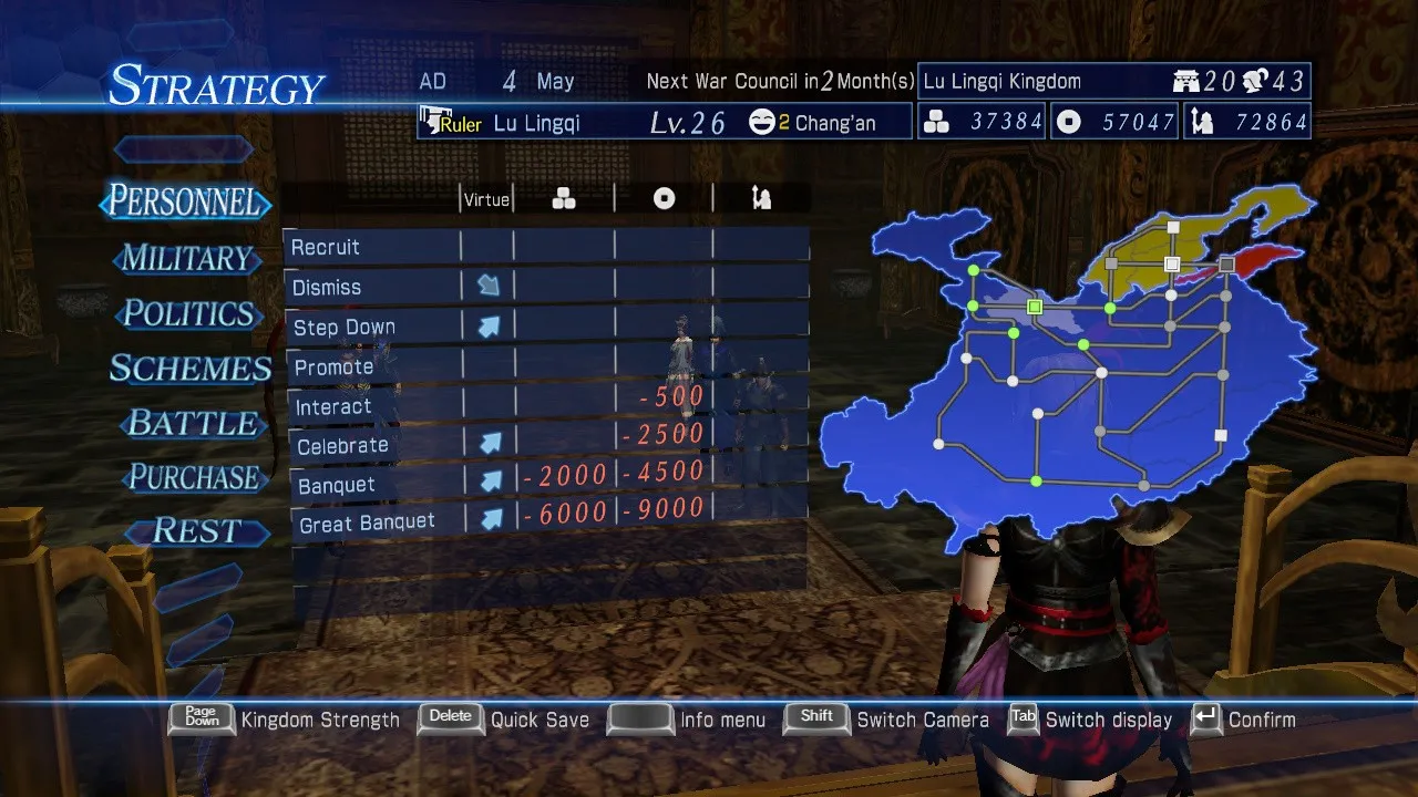 alt text: Dynasty Warriors 8 Empires gameplay screenshot displaying the in-game map.