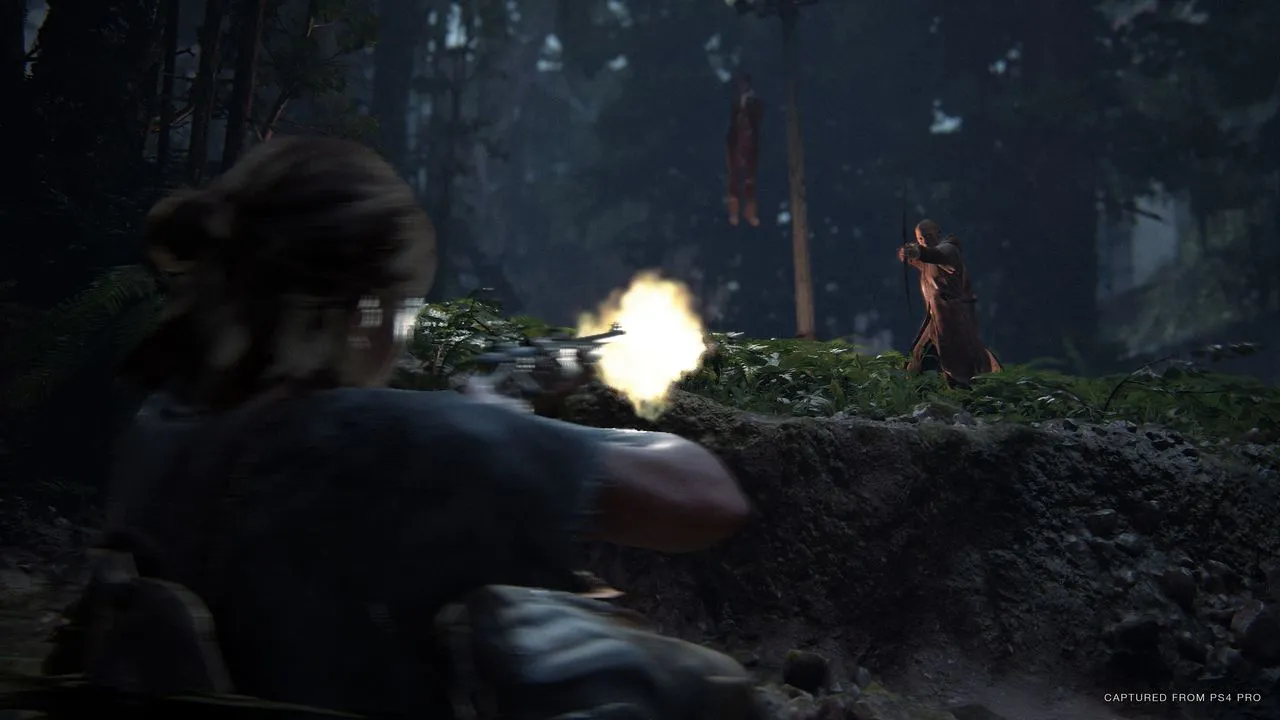 alt text: Ellie aiming her bow and arrow in The Last of Us Part II.