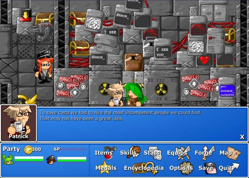 alt text: Epic Battle Fantasy 4 overworld map, showing visible enemy encounters and explorable areas.