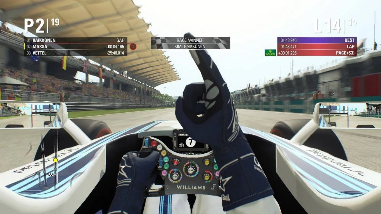 alt text: F1 2015 gameplay showcasing a Formula 1 car navigating a corner at high speed