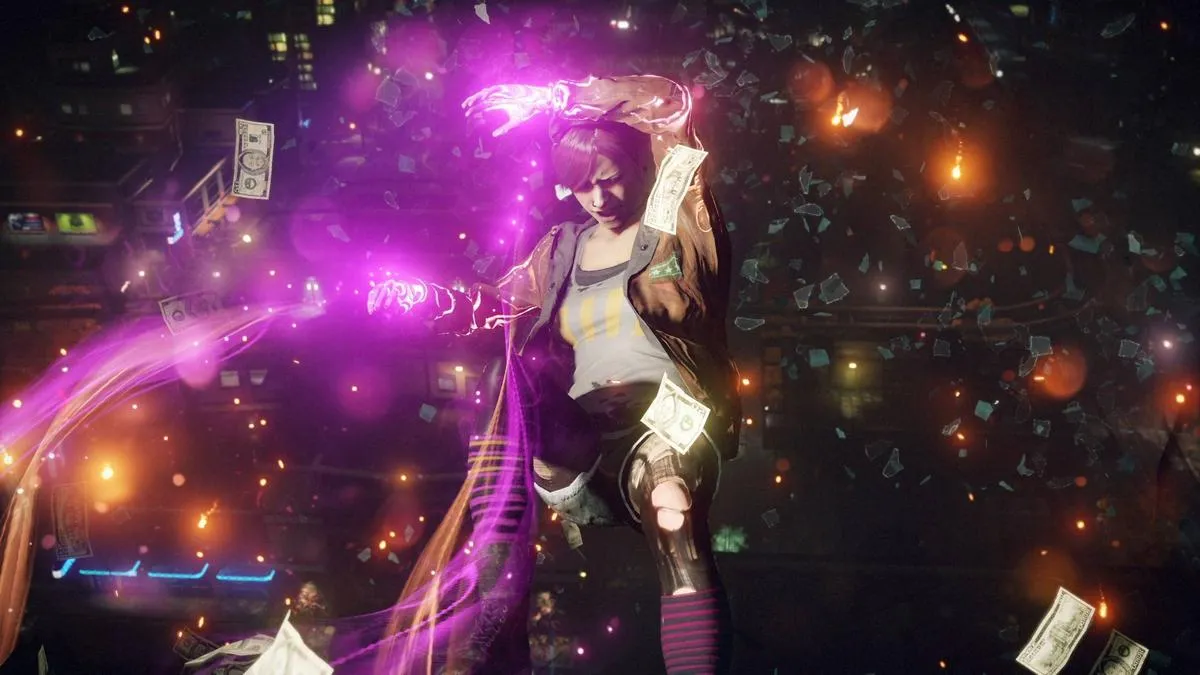 alt text: Fetch running along a neon trail in inFamous: First Light