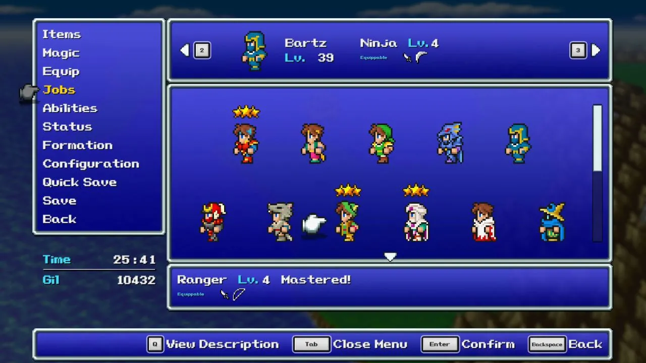 alt text: Final Fantasy V Pixel Remaster character customization screen showcasing the job system.