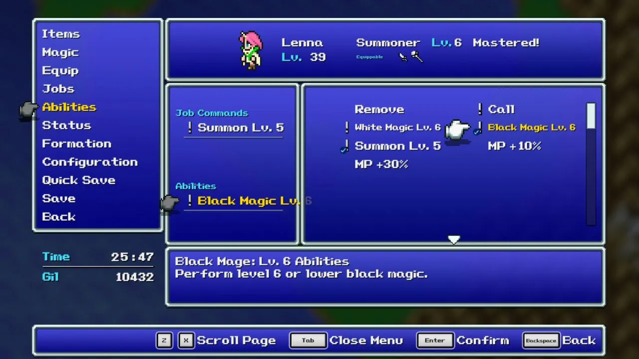 alt text: Final Fantasy V Pixel Remaster character job selection screen with multiple job options displayed.