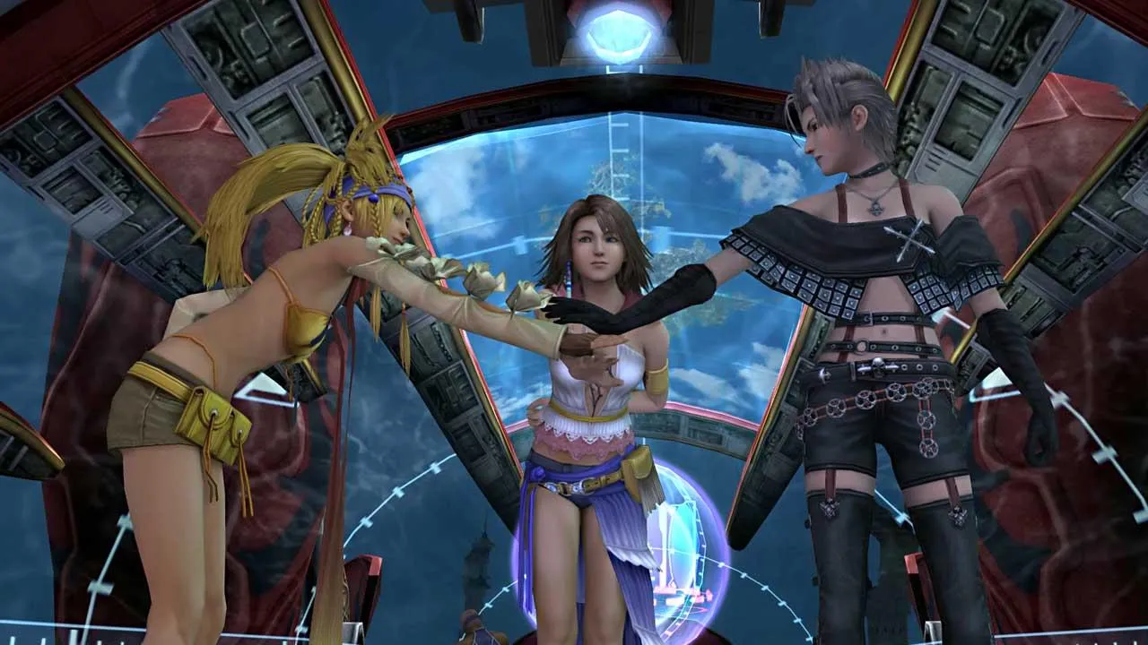 alt text: Final Fantasy X-2 Remaster HD battle scene showcasing the Dressphere system.