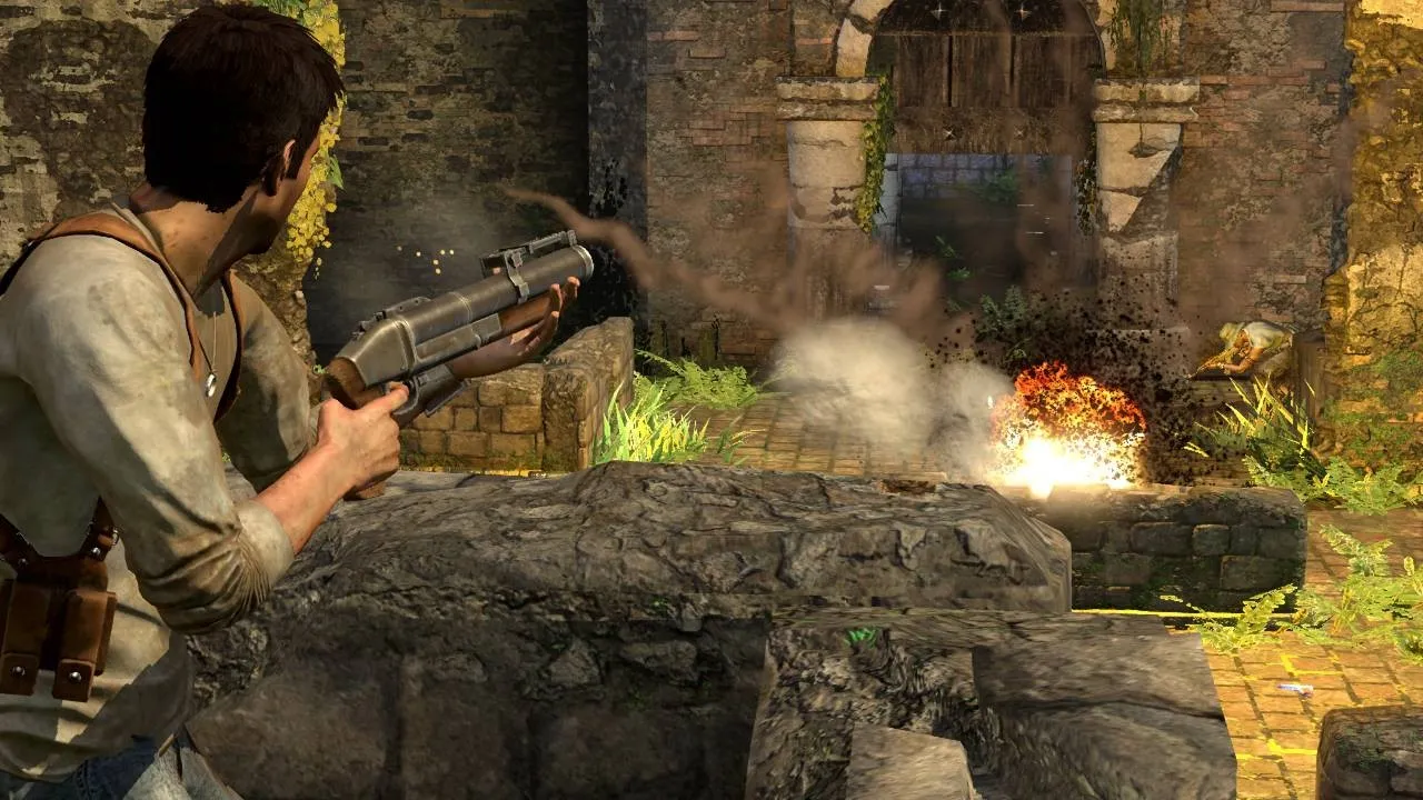 alt text for image 1: Nathan Drake firing a weapon from behind cover in Uncharted: Drake's Fortune Remastered