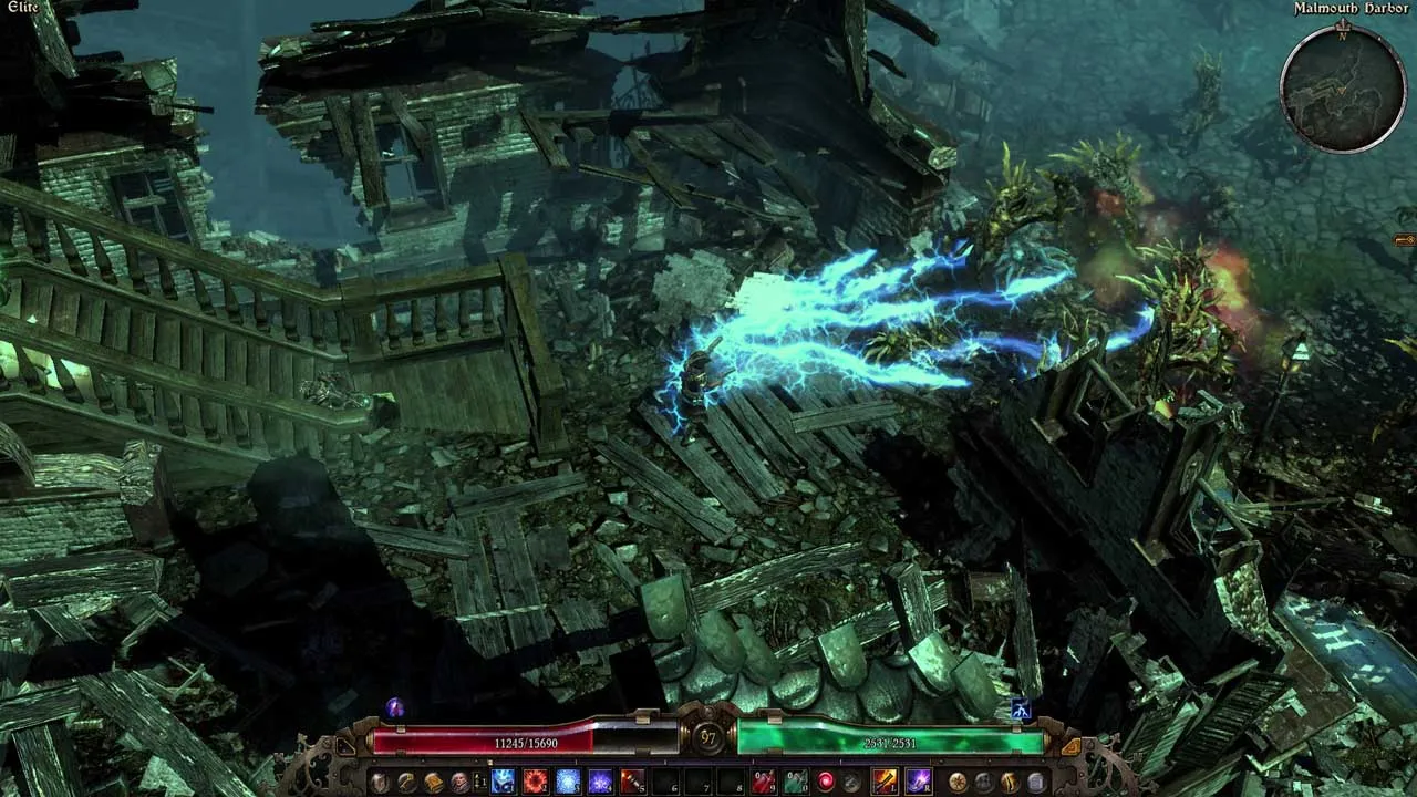 alt text for the grim dawn ashes of malmouth screenshot showing gameplay in an outdoor area.