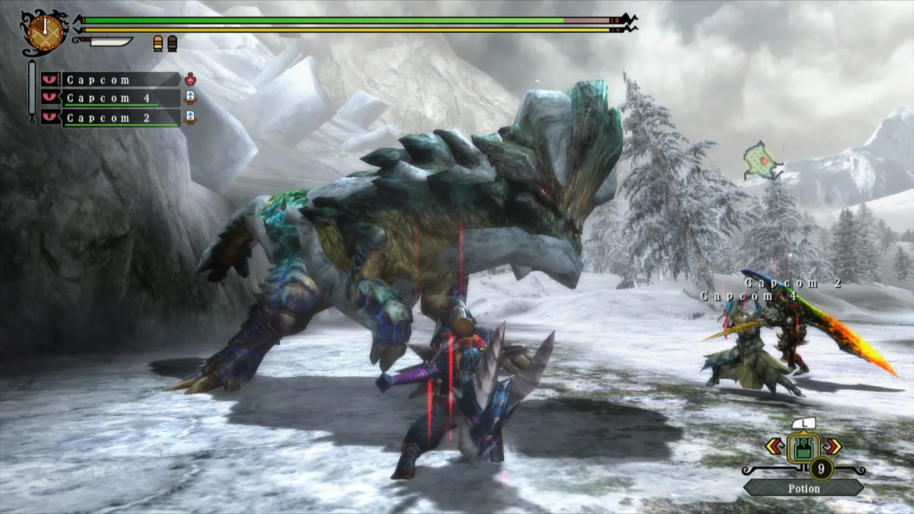 alt text: Four hunters battling a large monster in Monster Hunter 3 Ultimate.
