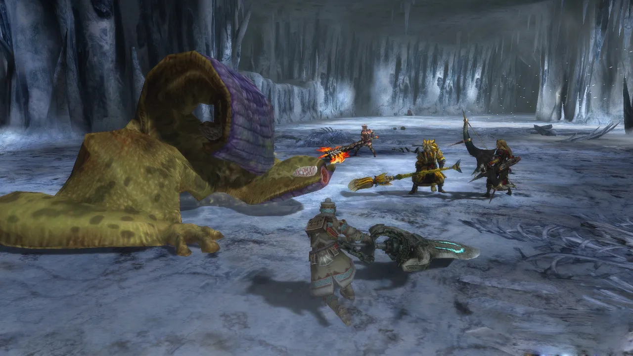 alt text:  Four hunters celebrating after a successful hunt in Monster Hunter 3 Ultimate.