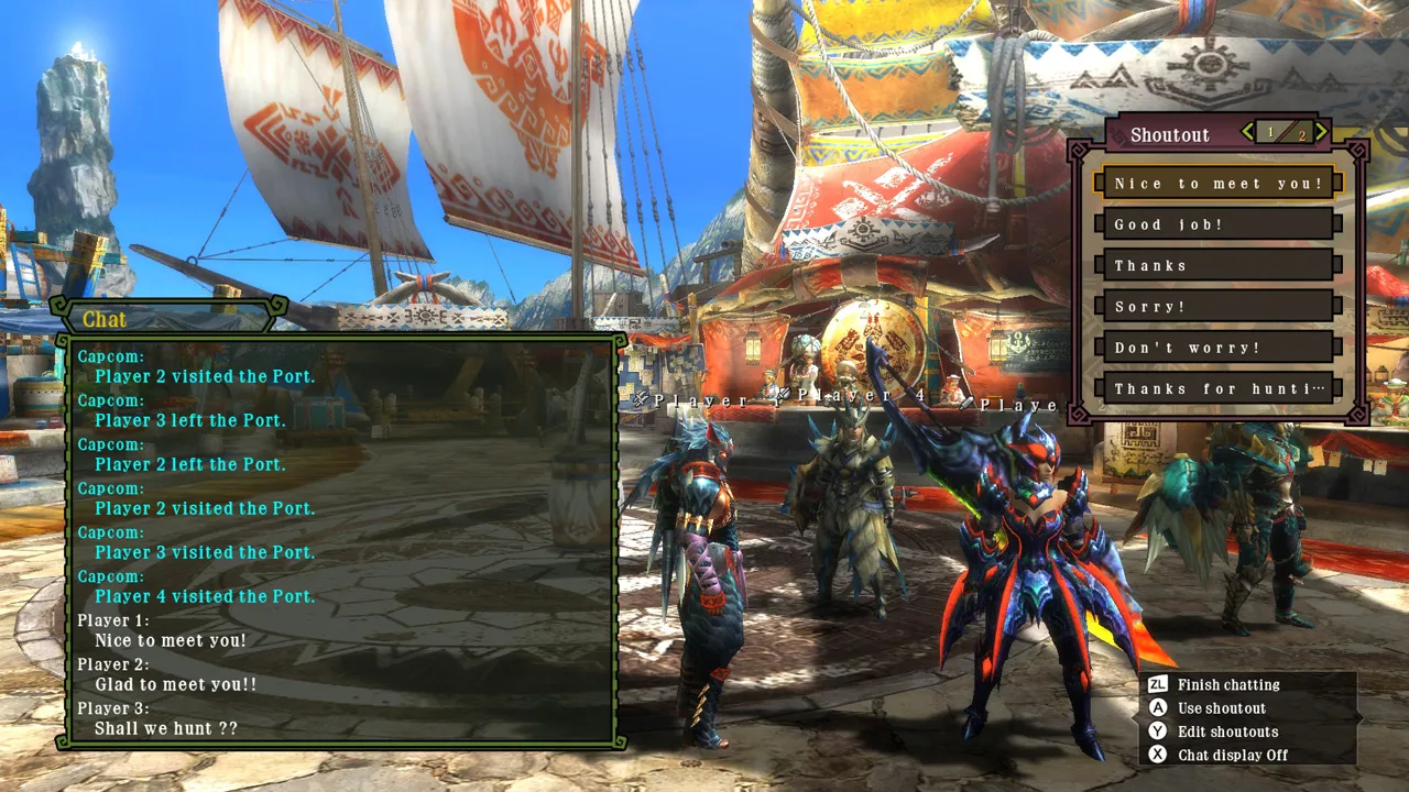 alt text: Four hunters facing a large monster in Monster Hunter 3 Ultimate.