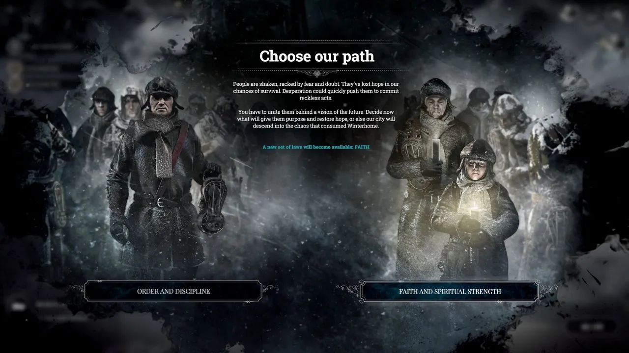 alt text: Frostpunk gameplay screenshot depicting the harsh weather conditions