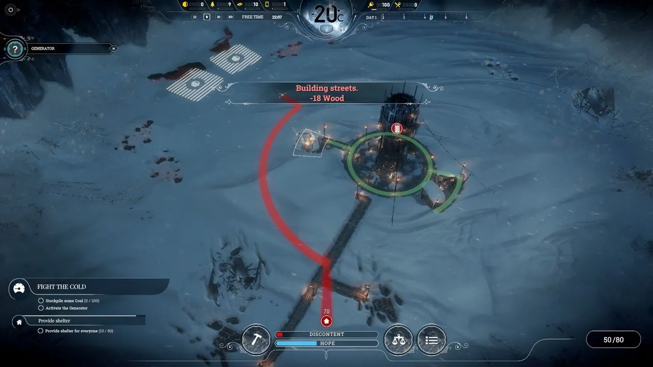 alt text: Frostpunk gameplay screenshot displaying resource management interface