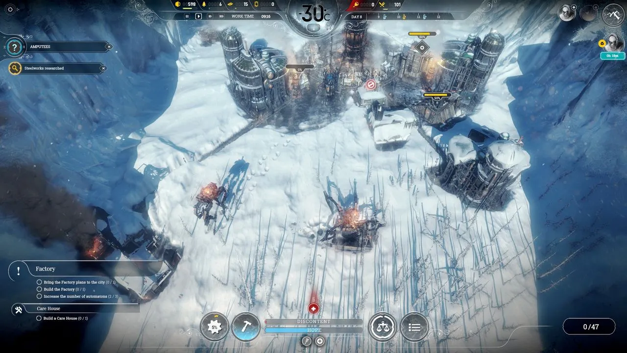 alt text: Frostpunk gameplay screenshot displaying the law enactment interface