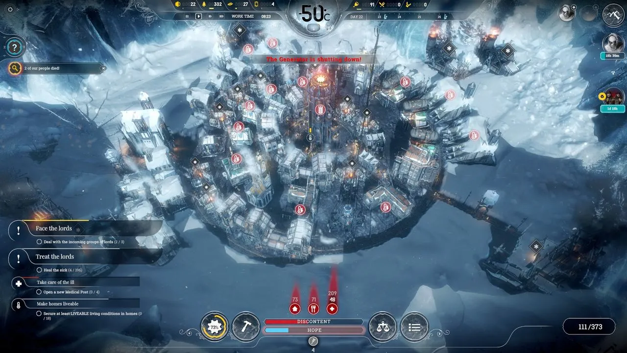 alt text: Frostpunk gameplay screenshot illustrating the challenging environment