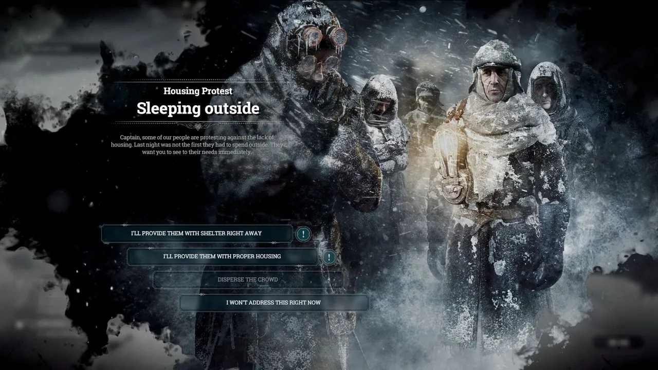 alt text: Frostpunk gameplay screenshot illustrating the city's population and their status