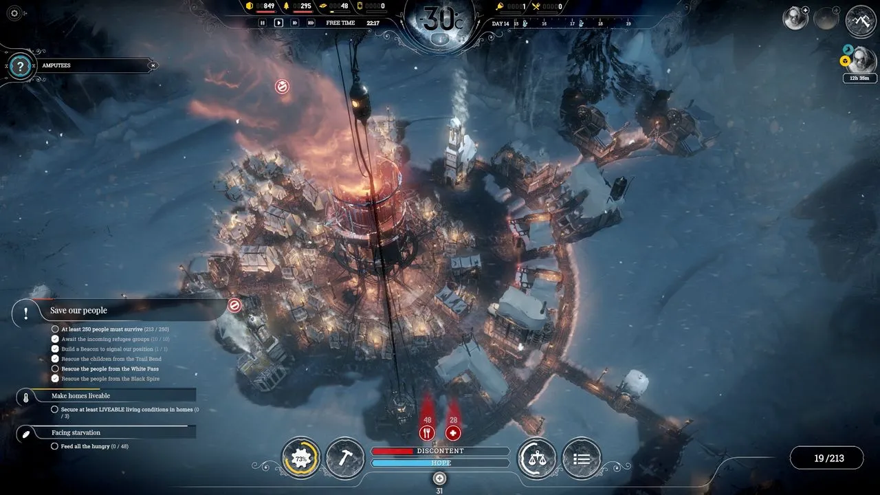 alt text: Frostpunk gameplay screenshot showcasing a resource gathering expedition in the snowy landscape