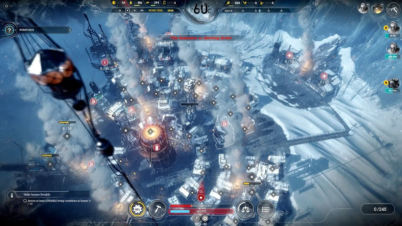 alt text: Frostpunk gameplay screenshot showing a dramatic scene within the city