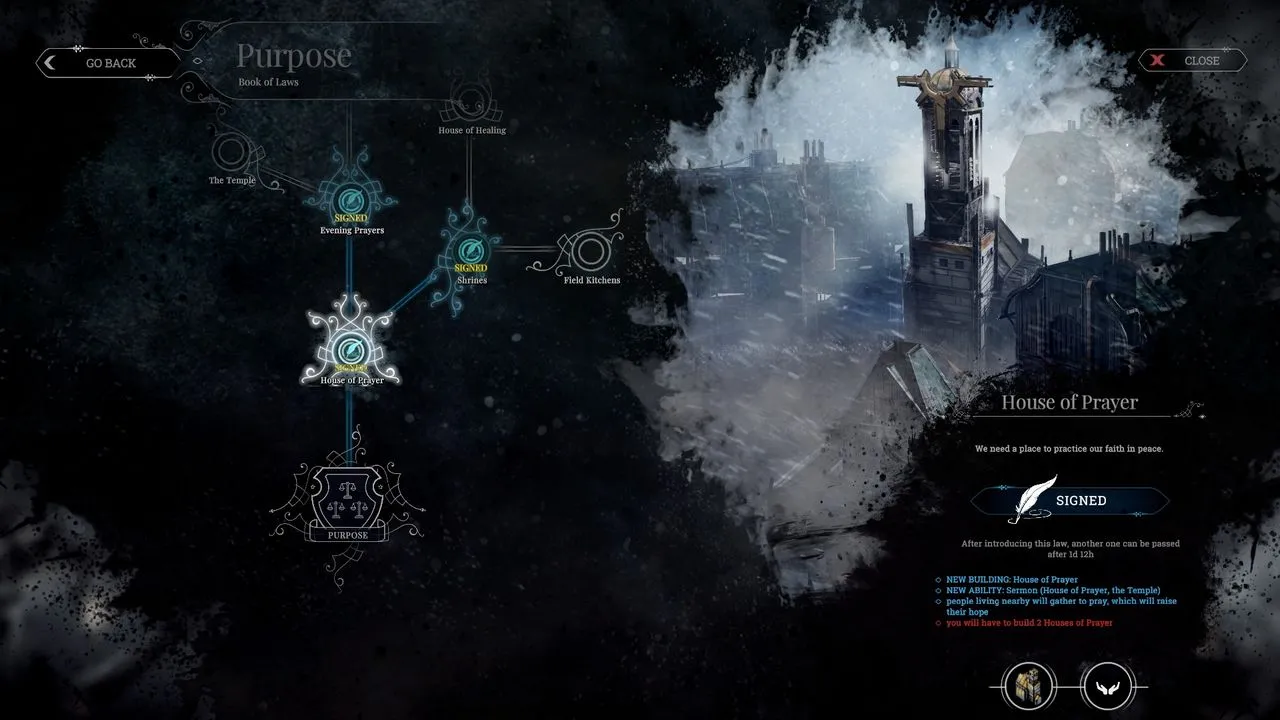 alt text: Frostpunk gameplay screenshot showing the city covered in snow and ice