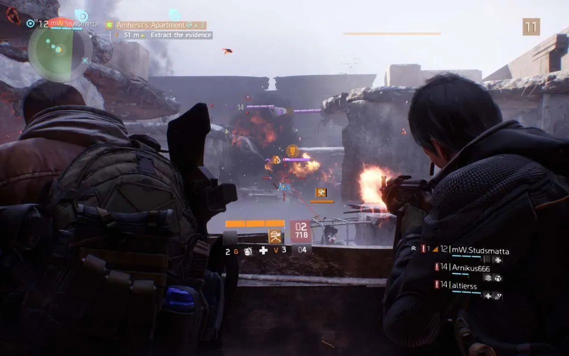 alt text: Gameplay in The Division's Dark Zone, showing player characters engaging in PvP combat.