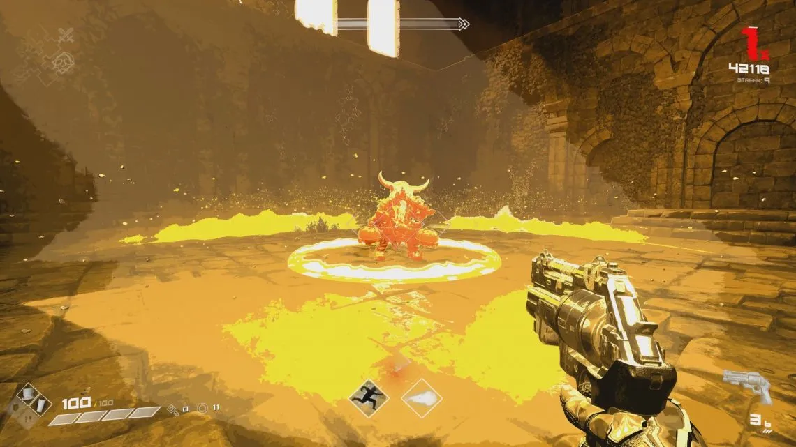 alt text: Gameplay screenshot from BPM: Bullets Per Minute demonstrating the game's high-contrast, monochromatic visuals in a yellow-themed level.