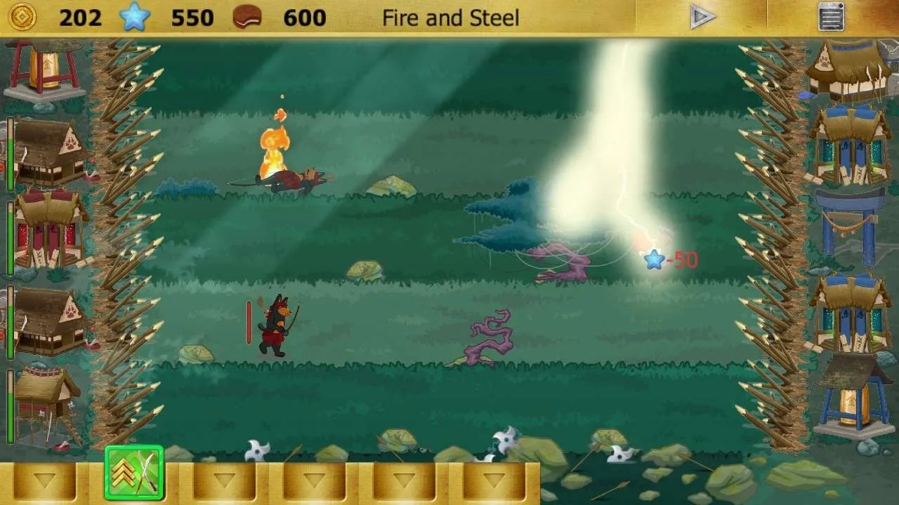 alt text: Gameplay screenshot from Ninja Cats vs Samurai Dogs depicting the battle interface and unit interactions.