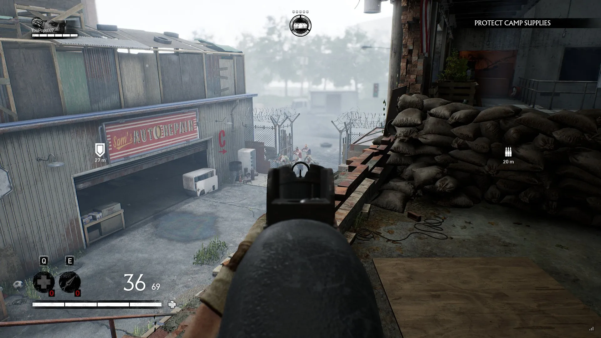 alt text: Gameplay screenshot from Overkill's The Walking Dead showing a character confronting a group of walkers.