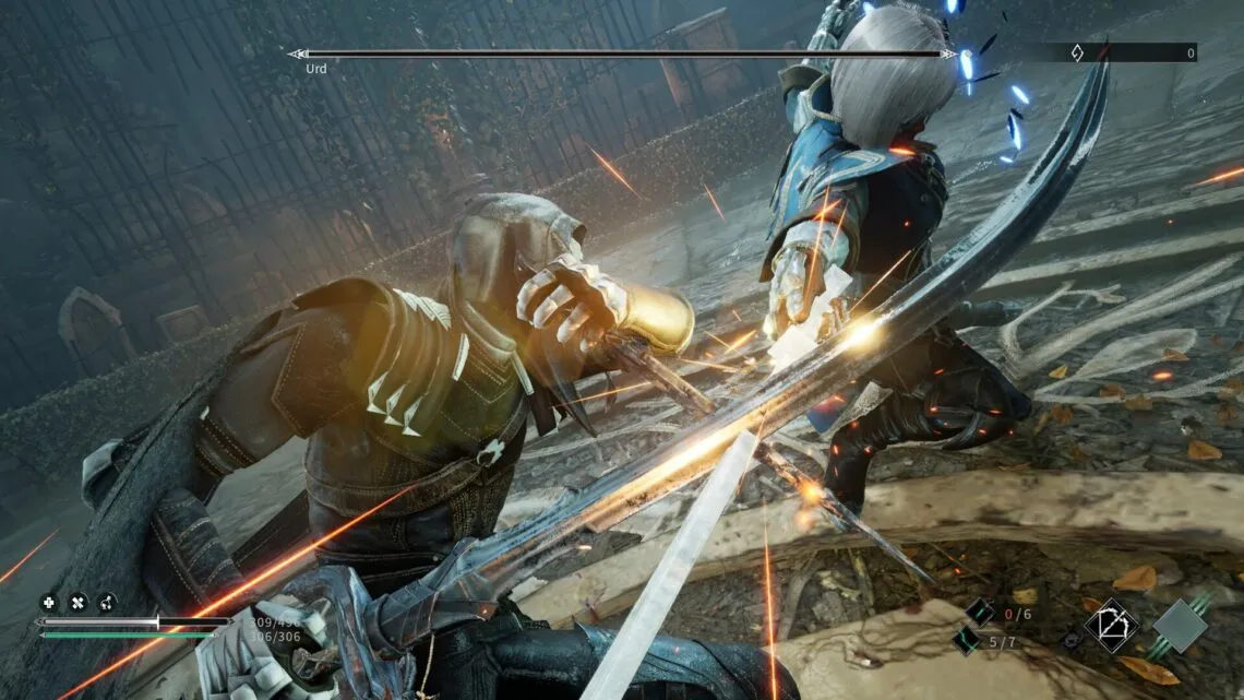 alt text: Gameplay screenshot of Thymesia showing Corvus battling multiple enemies