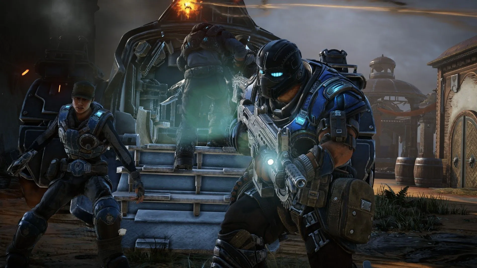 alt text: Gears Tactics character customization screen showcasing different classes and weapons