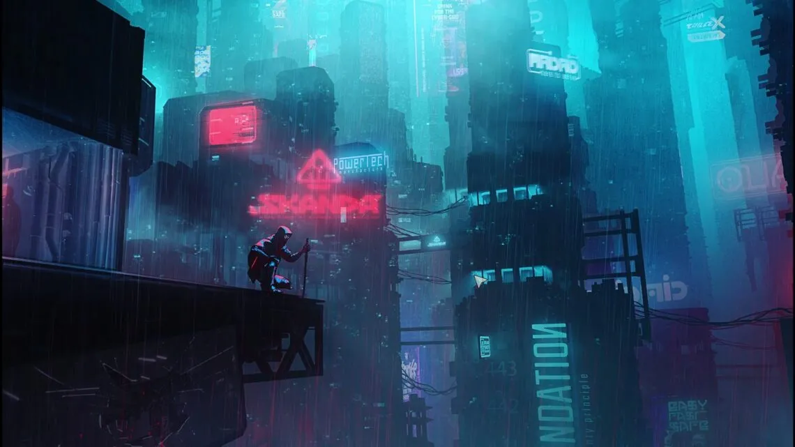 alt text: Ghostrunner 2 gameplay, showing Jack wall-running through a neon-lit environment