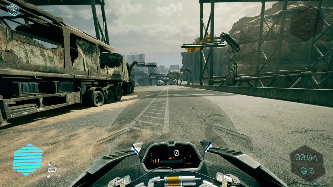 alt text: Ghostrunner 2, Jack riding the Cyberbike through a futuristic tunnel