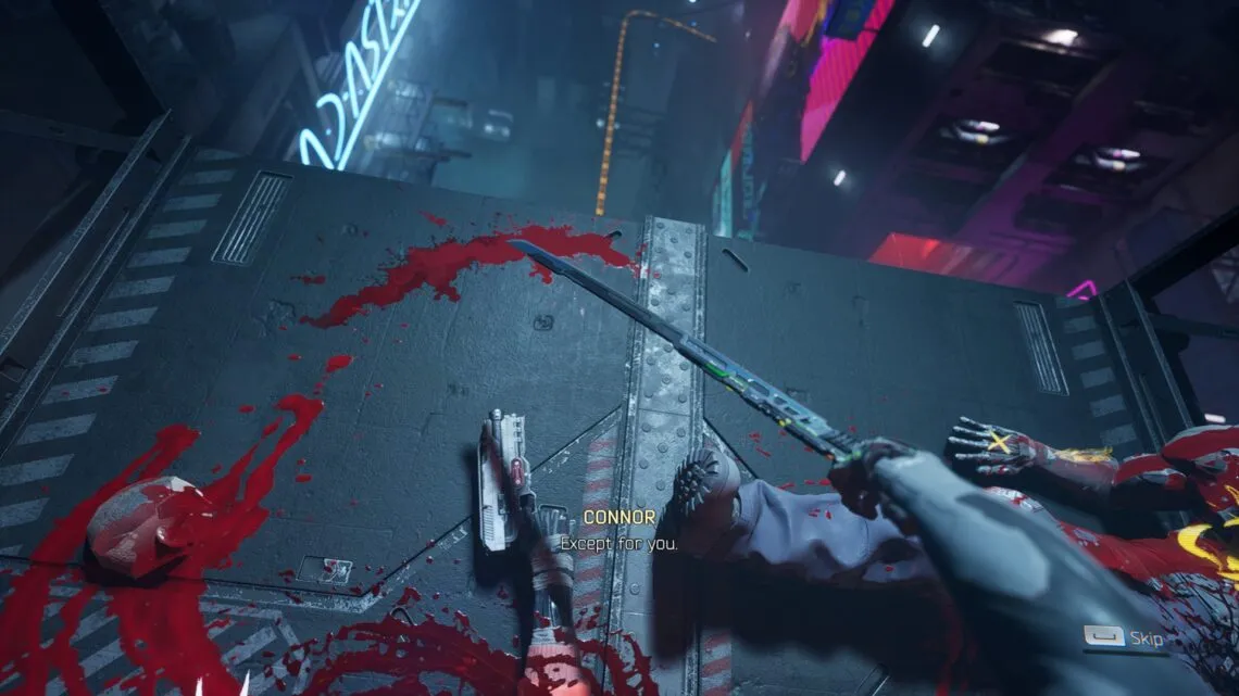alt text: Ghostrunner 2, Jack standing on a rooftop overlooking the cityscape