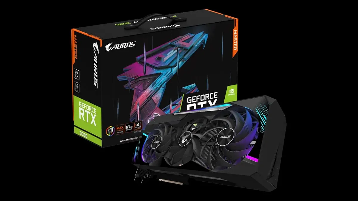 alt text: GIGABYTE GeForce RTX 3080 AORUS Master 12G graphics card showcasing its triple-fan cooling system and RGB lighting.