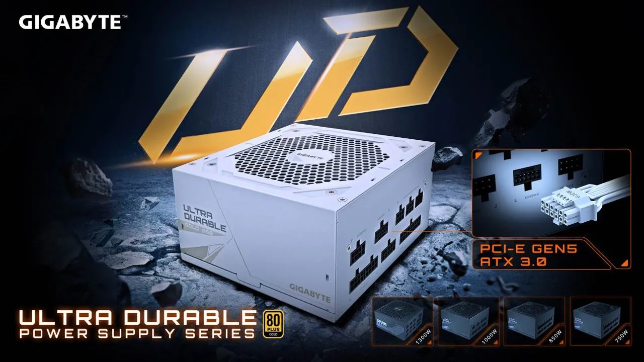 alt text: GIGABYTE UD850GM PG5W white edition power supply with 16-pin PCIe cable