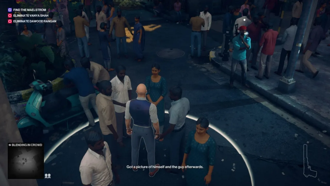 alt text: Hitman 2 gameplay screenshot showing Agent 47 disguised as a flamingo mascot.