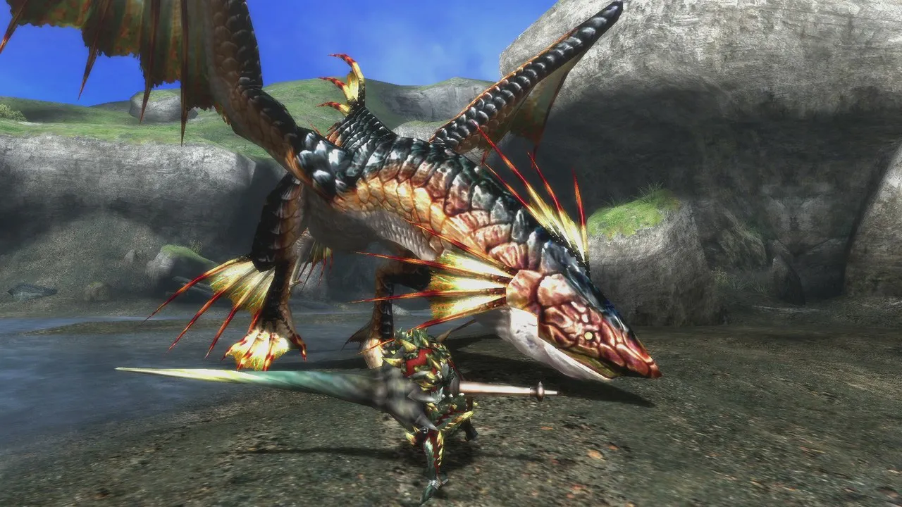 alt text: Hunters fighting a large monster in Monster Hunter 3 Ultimate.