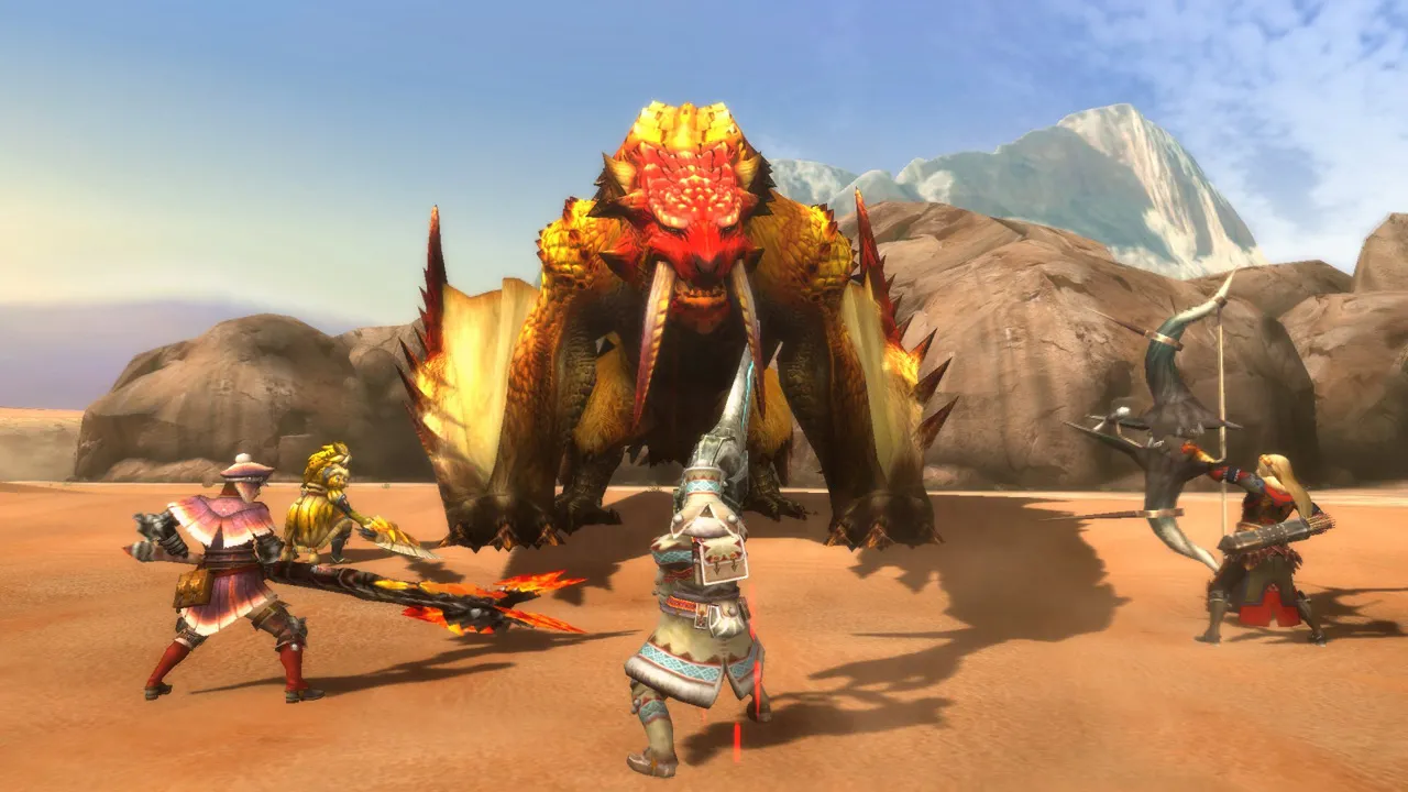 alt text:  Hunters surrounding a downed monster in Monster Hunter 3 Ultimate.