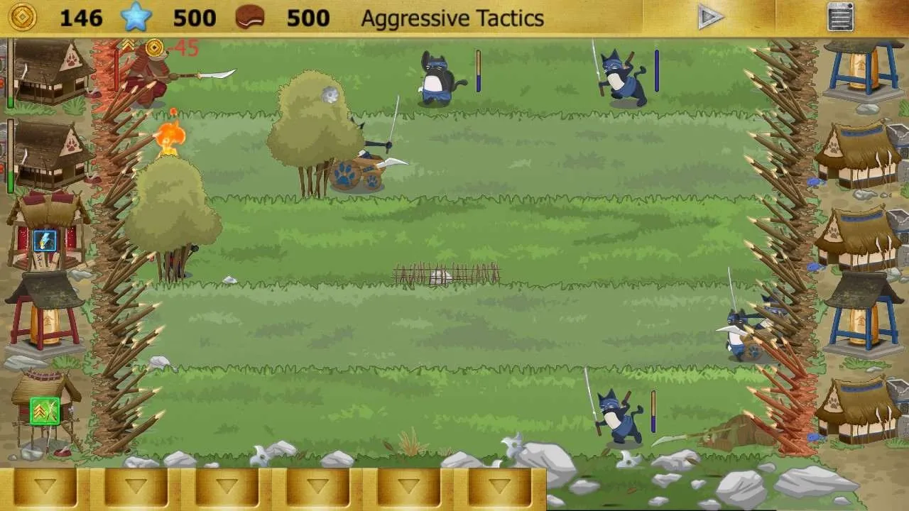 alt text:  Image from Ninja Cats vs Samurai Dogs showcasing the game's battlefield environment and unit designs.