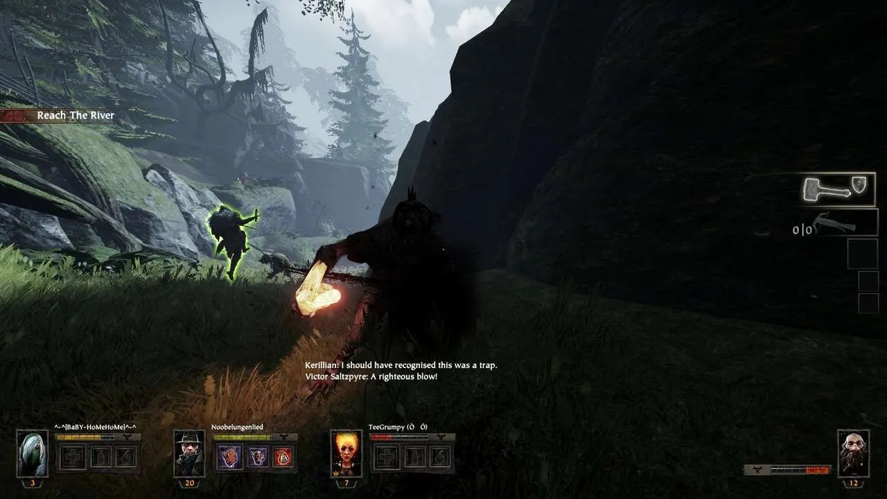 Alt text: In-game screenshot of Warhammer: End Times - Vermintide showing a character inspecting a weapon.