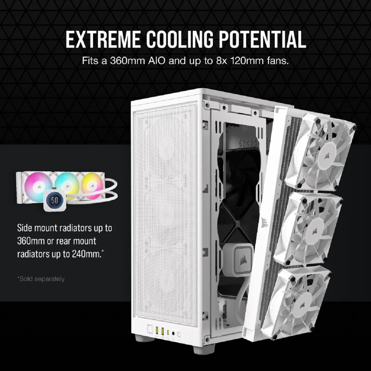 alt text: Inside view of the CORSAIR 2000D Series case, highlighting its support for SFX and SFX-L power supplies, multiple SSD mounting points, and spacious cable management.