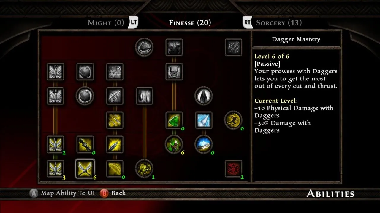 Alt text: Kingdoms of Amalur: Re-Reckoning screenshot showcasing the character progression screen with options for abilities and destinies.
