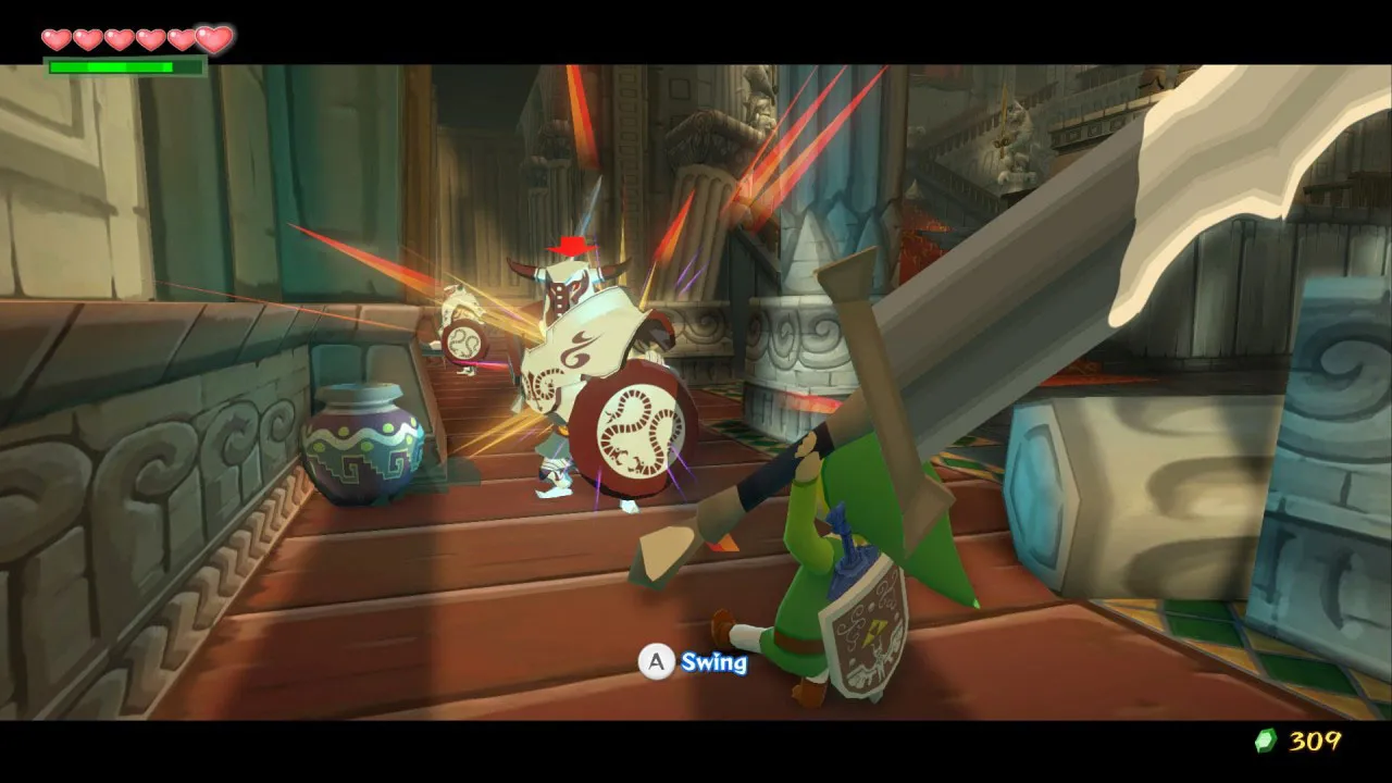 alt text: Link sailing his boat on the vast ocean in Wind Waker HD.