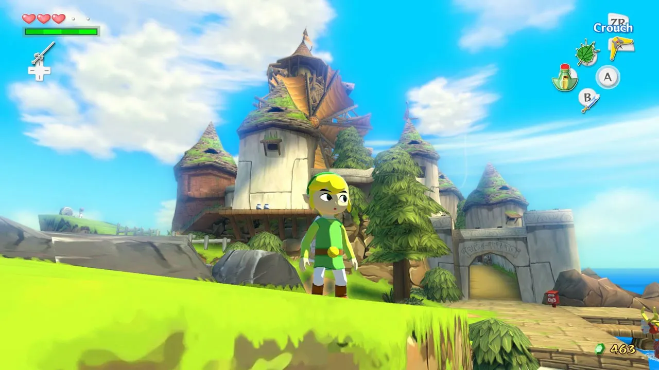 alt text: Link standing on a small island in Wind Waker HD, looking towards a distant island.