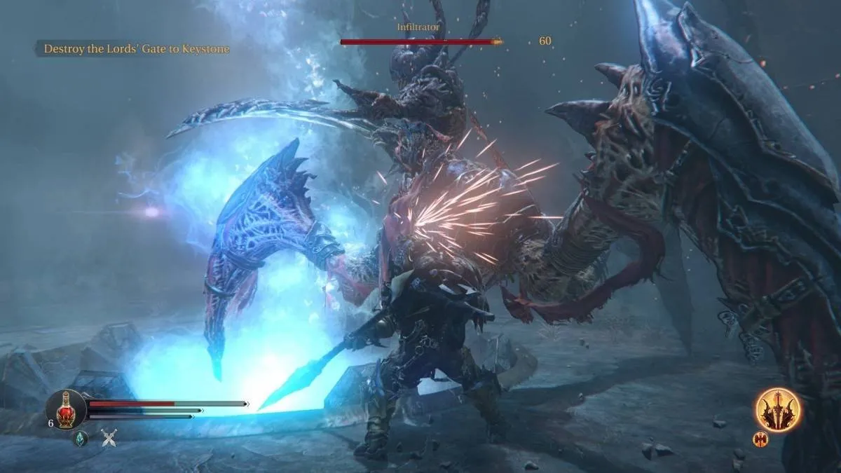 alt text: Lords of the Fallen gameplay screenshot showing the player character fighting a large, armored enemy.