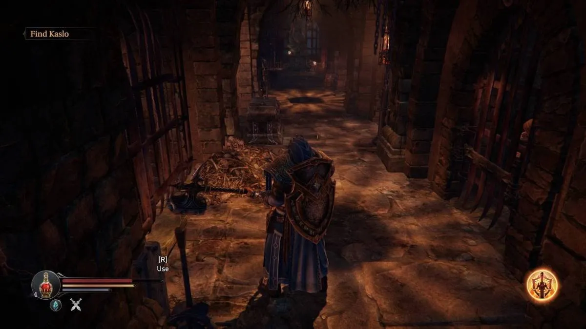 alt text: Lords of the Fallen gameplay screenshot showing the player character navigating a complex and potentially confusing environment.
