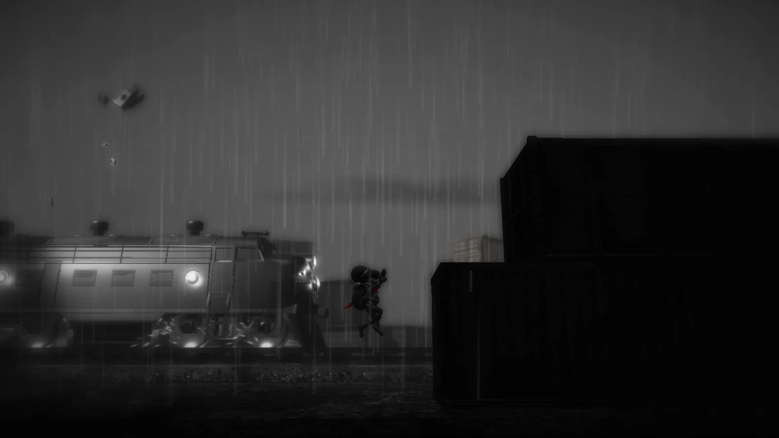 alt text: Monochroma environment screenshot depicting the desolate industrial setting