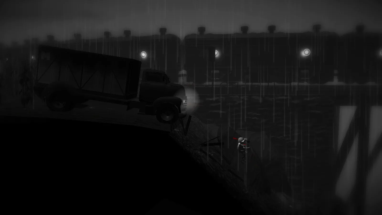 alt text: Monochroma environment screenshot displaying the dark and gritty art style