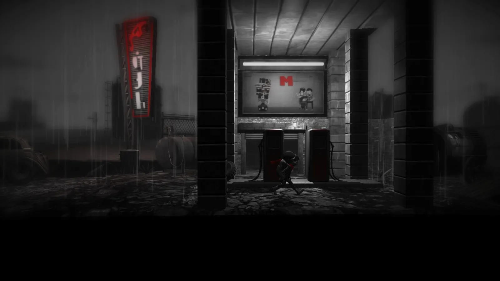 alt text: Monochroma gameplay screenshot showcasing the game's black, white, and red color palette