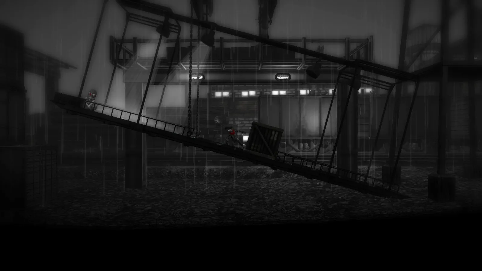 alt text: Monochroma screenshot showcasing the game's platforming elements