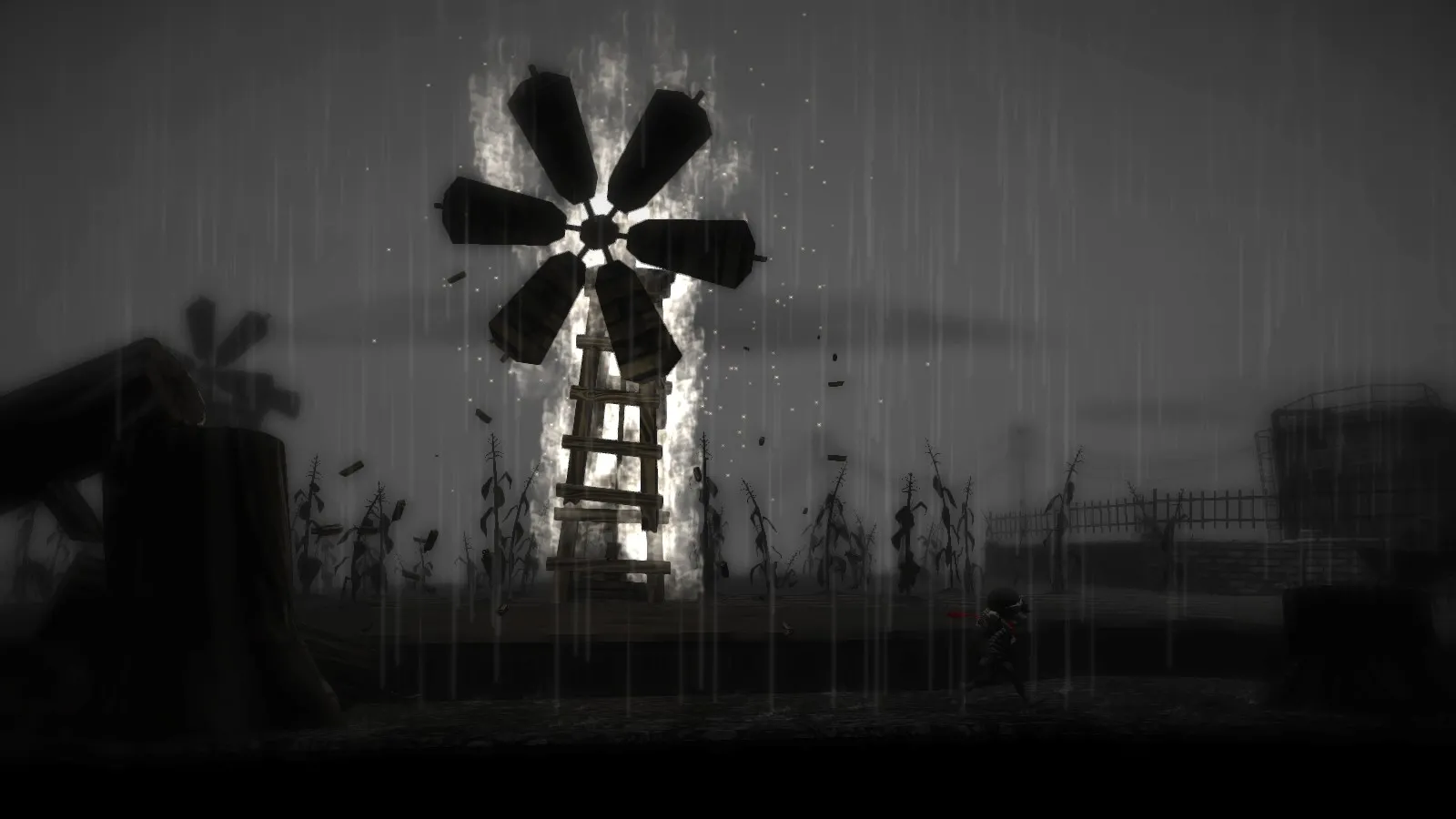 alt text: Monochroma screenshot showing the older brother carrying the younger brother through a dark industrial environment