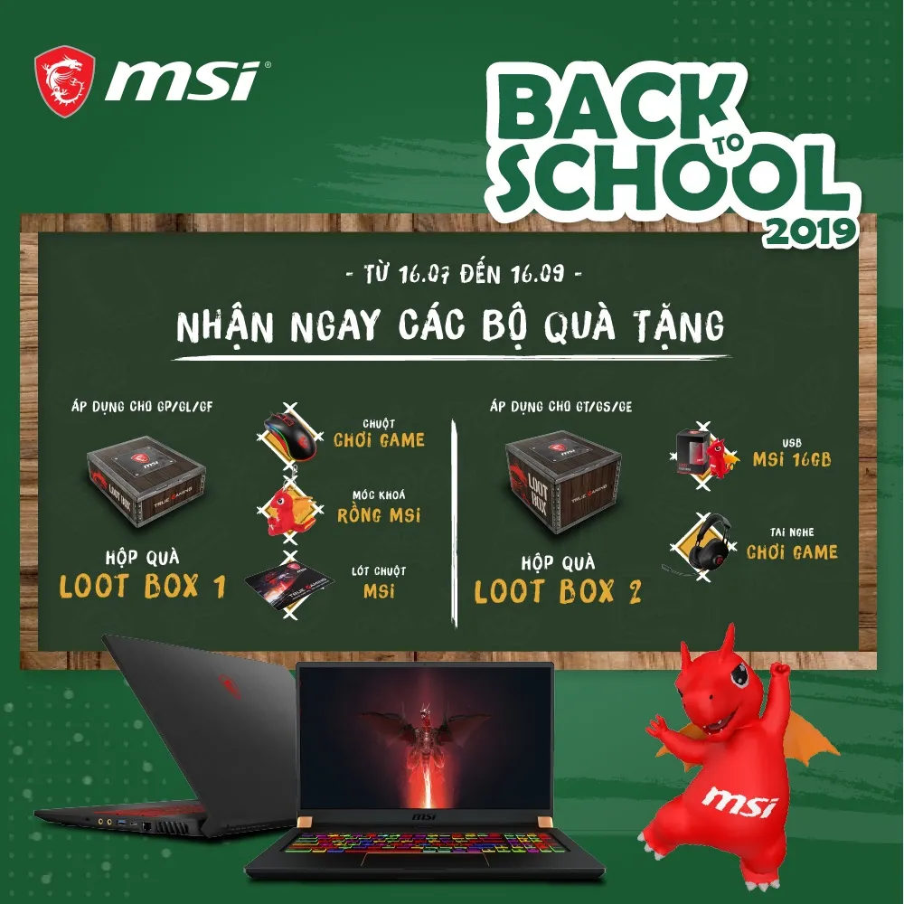alt text: MSI Back to School promotion banner highlighting loot boxes and participating laptop series.